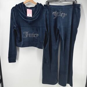$199 Juicy Couture XL OG Bling Regal Blue Velour Tracksuit Crop Hoodie Pant Set